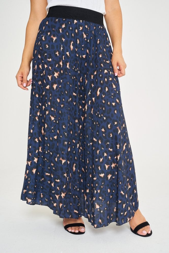 Leopard Pleated Skirt Navy