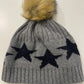 Grey Cashmere Mix Hat with Navy Stars and Faux Fur Bobble