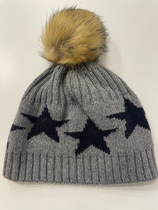 Grey Cashmere Mix Hat with Navy Stars and Faux Fur Bobble