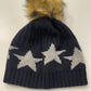 Navy Cashmere Mix Hat with Grey Stars and Faux Fur Bobble