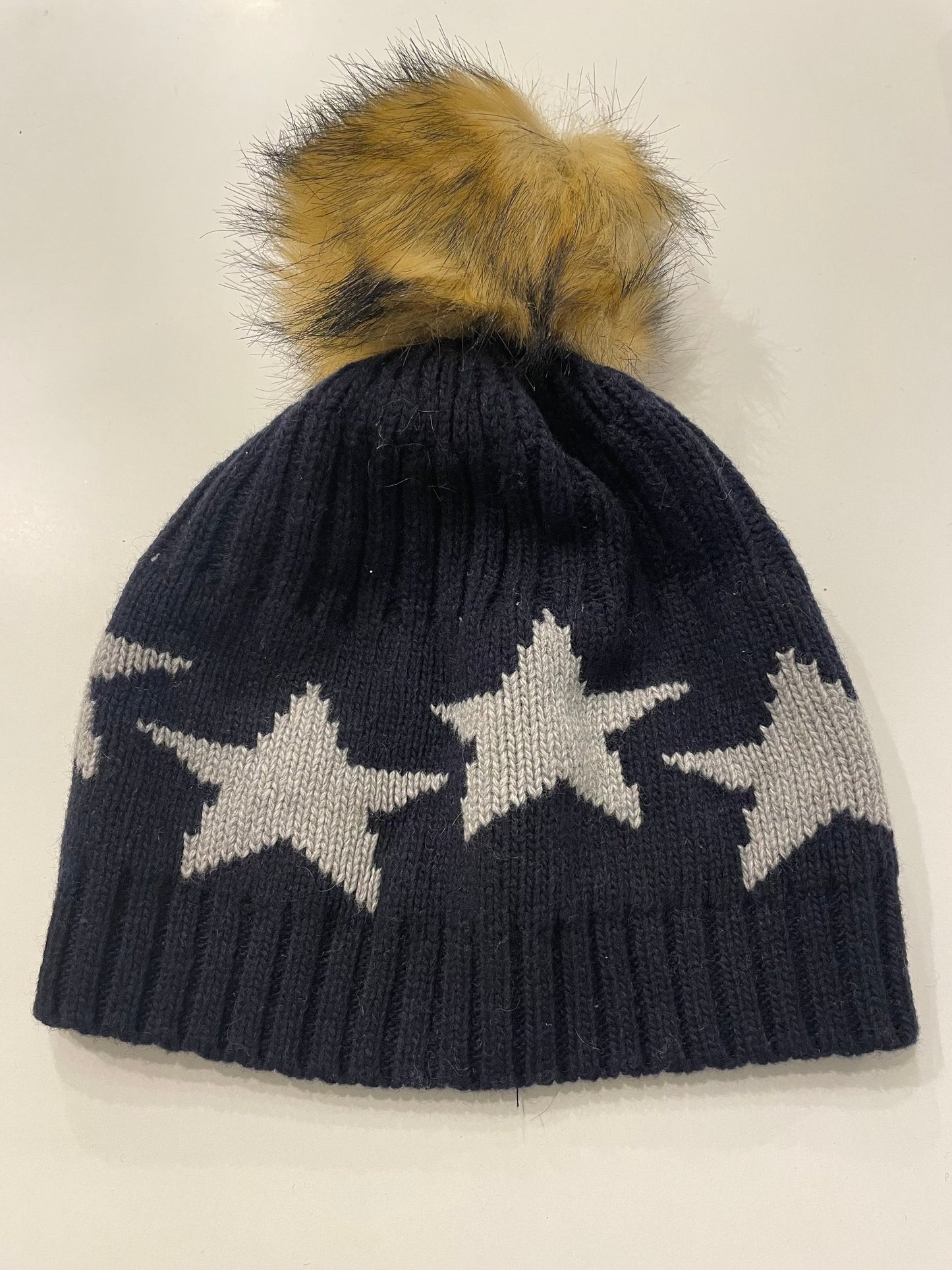 Navy Cashmere Mix Hat with Grey Stars and Faux Fur Bobble