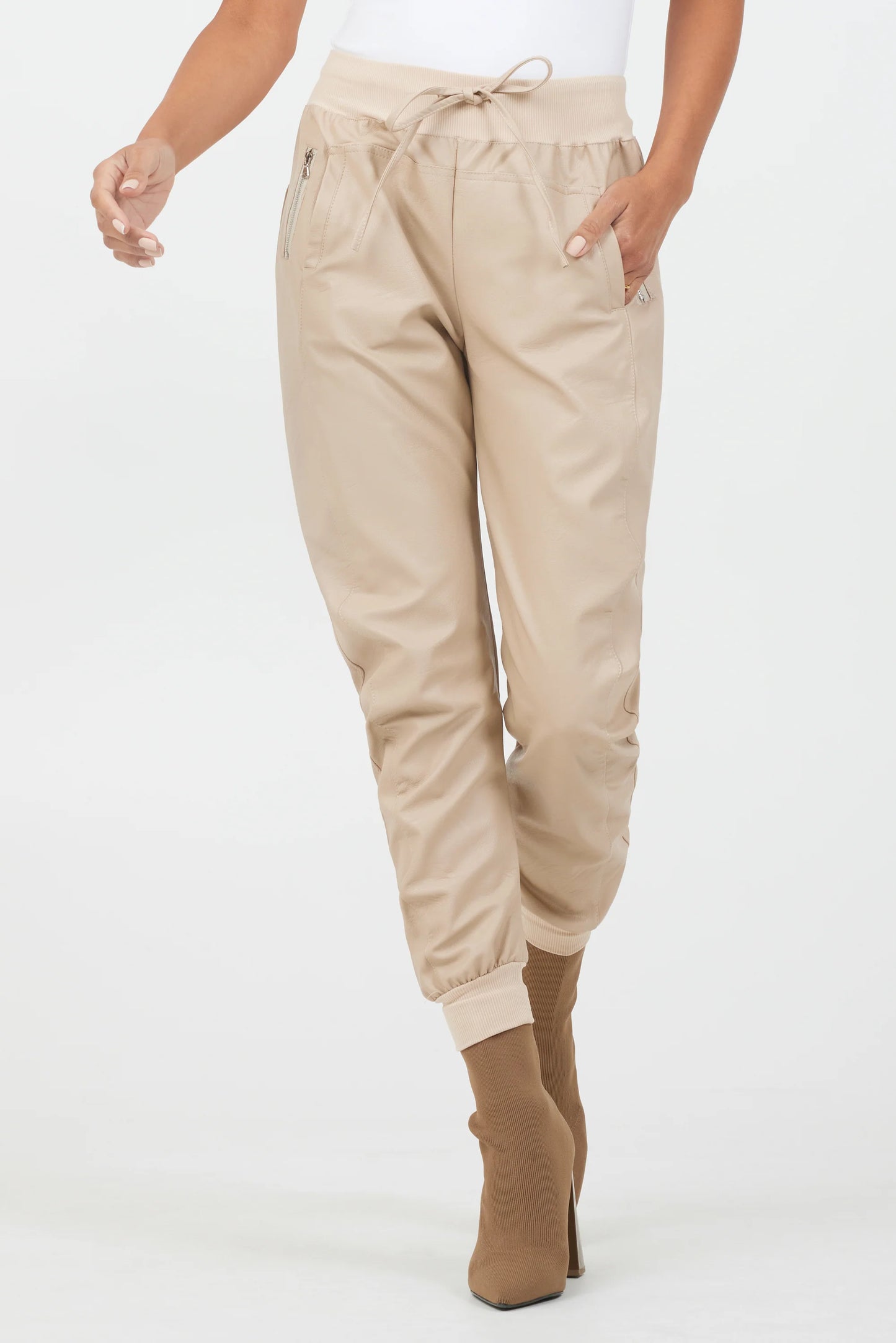 Faux Leather Ultimate Joggers | Beige