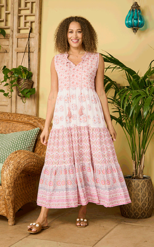 Luella Naomi Sleeveless Cotton Dress in Pink and White