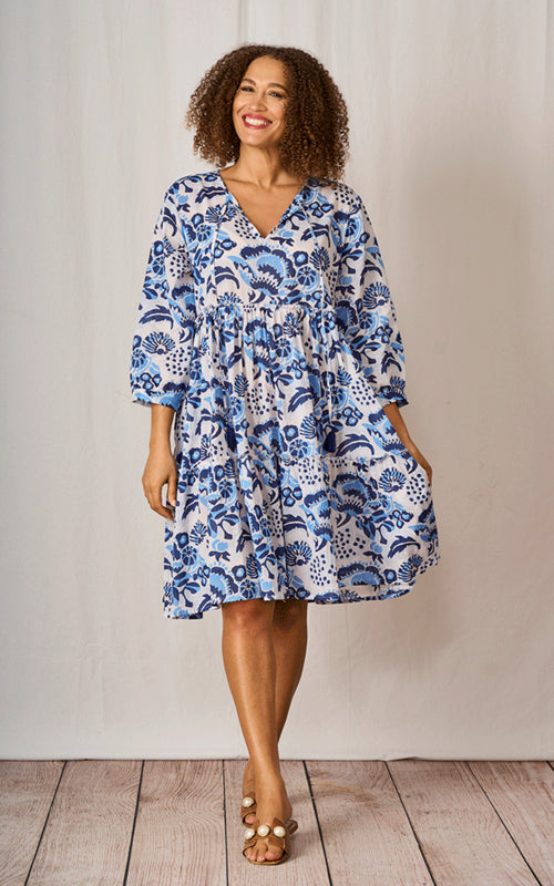 Luella Jambi Cotton Printed Pattern Dress in Blue & White