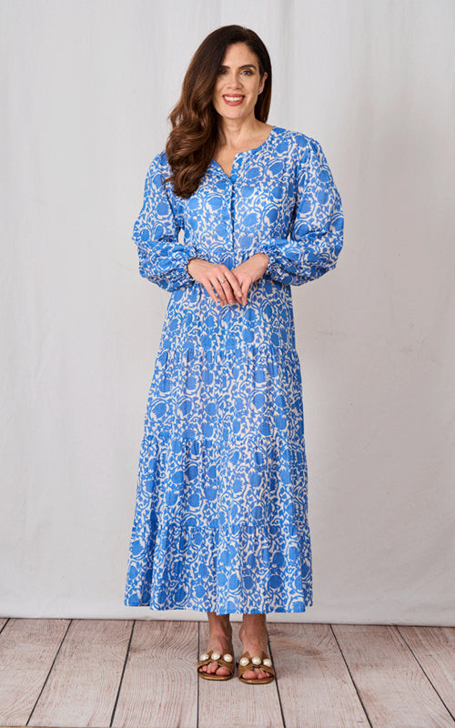 Nikkita Long Sleeve Cotton Dress | Blue & White