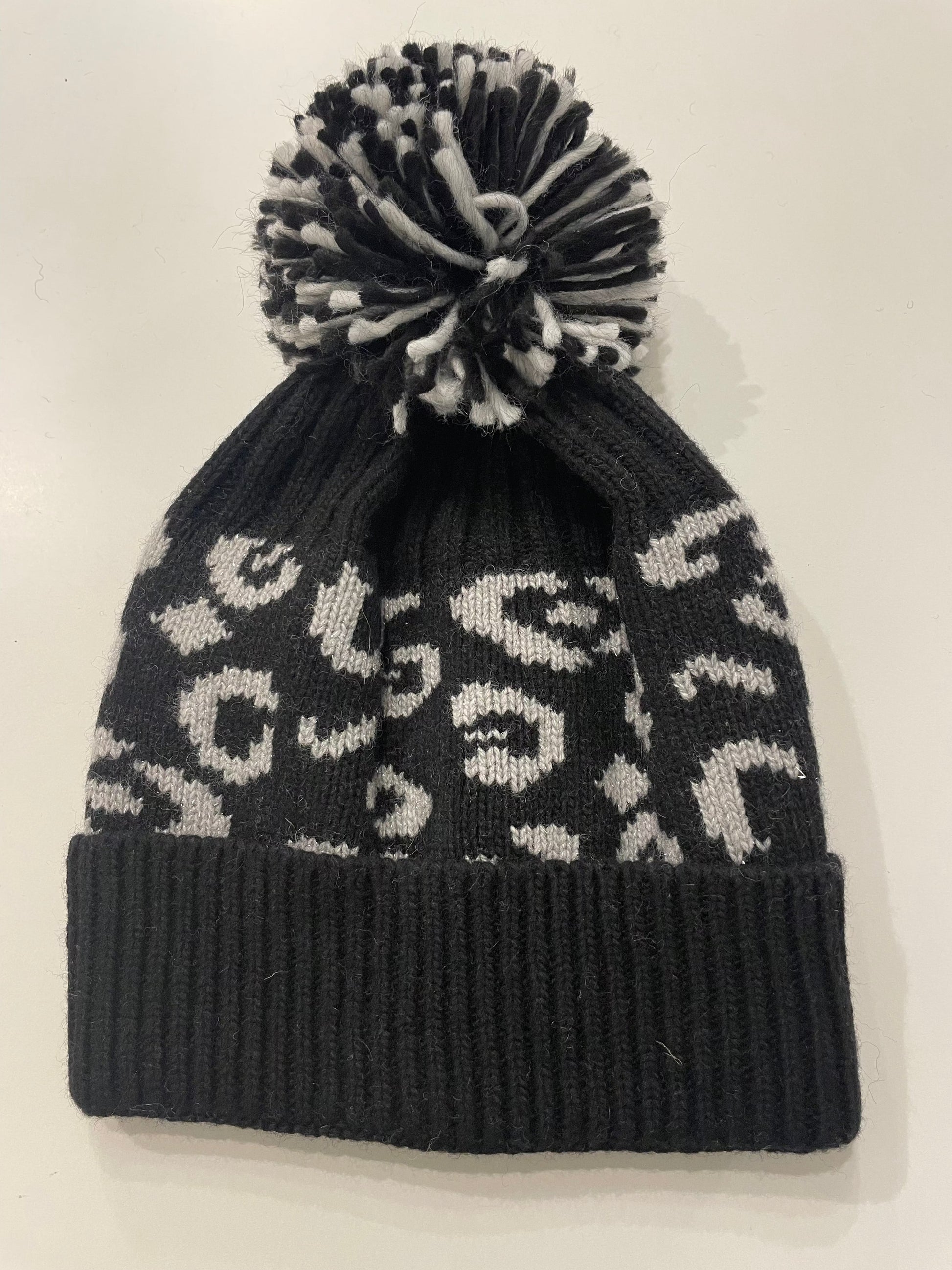 Black and Grey Cashmere Mix Animal Bobble Hat