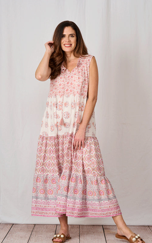 Naomi Sleeveless Cotton Dress | Pink & White