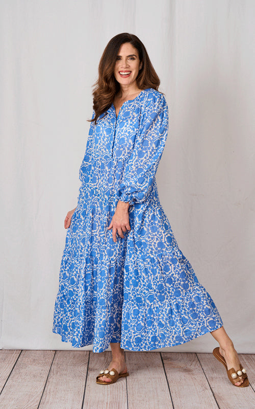 Luella Nikkita Long Sleeve Cotton Dress in Blue and White Pattern Print