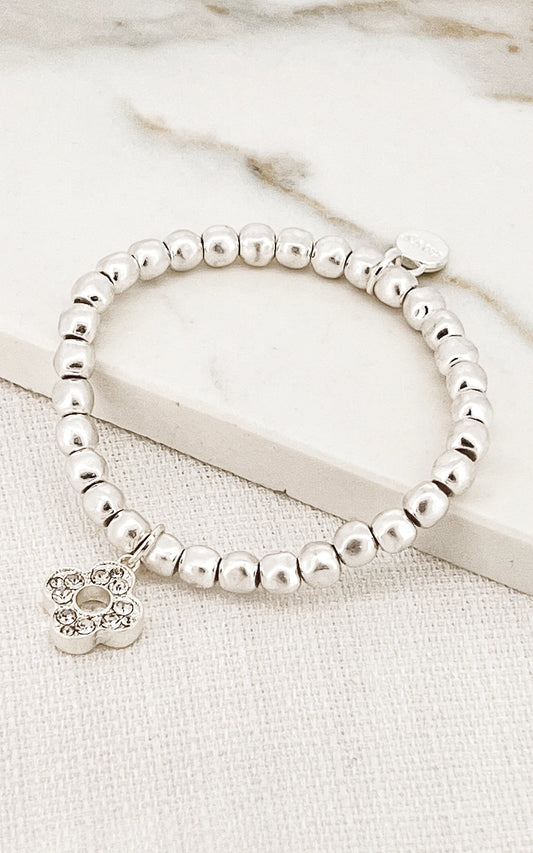 Envy Silver Bead Stretch Bracelet with Diamante Open Clover