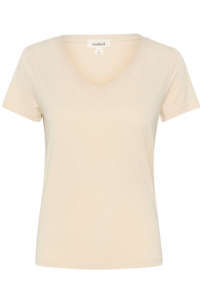 Soaked in Luxury Columbine V-Neck T-Shirt in Oatmeal