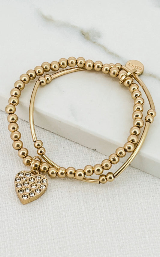 Envy Gold Double Layer Stretch Bracelet with Diamante Heart