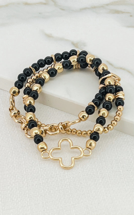 Envy Gold and Black Triple Layer Stretch Semi Precious Bead Bracelet