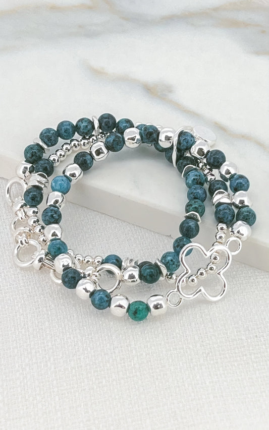 Envy Silver and Blue Triple Layer Stretch Semi Precious Bead Bracelet