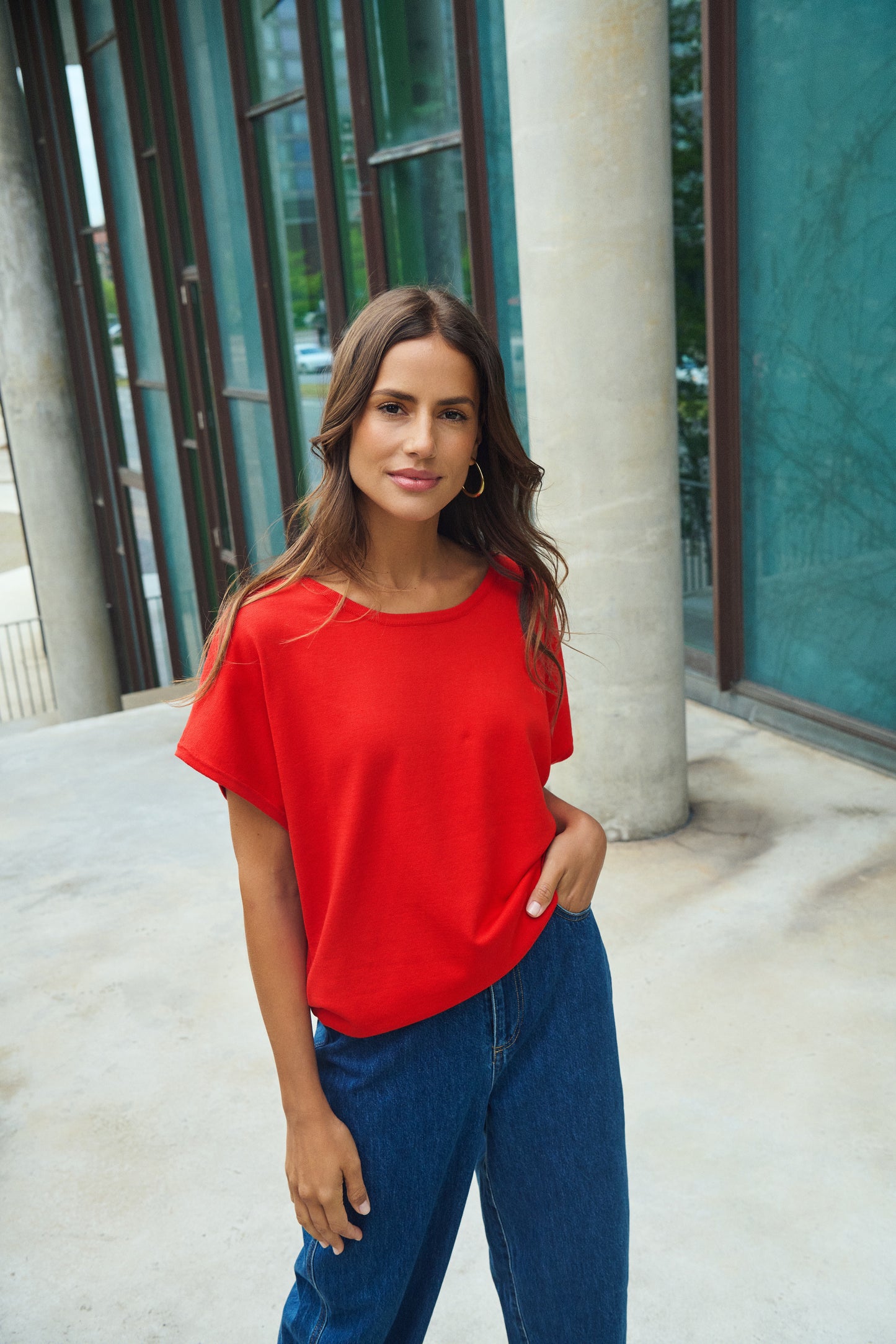 Saint Tropez Mila Round Neck Short Sleeved Pullover | Flame Scarlet