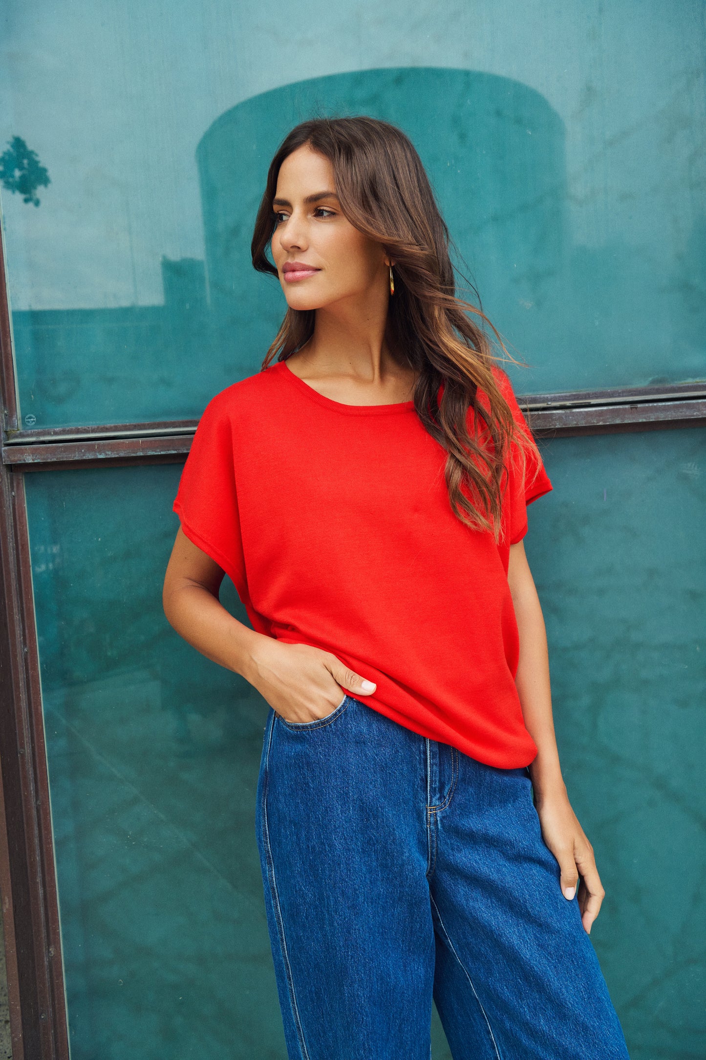 Saint Tropez Mila Round Neck Short Sleeved Pullover | Flame Scarlet