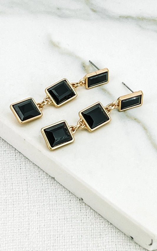 Gold rectangle stone drop earrings