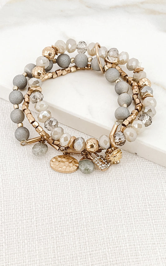 Envy Gold and Taupe Triple Layer Stretch Charm Bracelet
