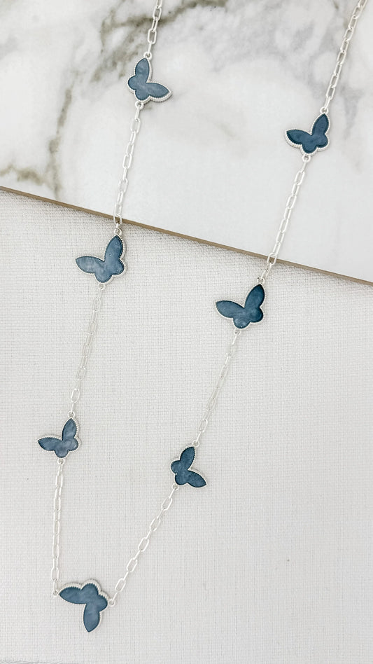 Envy Long Silver Necklace with Grey Butterflies