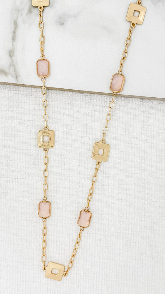 Envy Long Necklace with Gold Squares and Pink Faceted Glass Detail