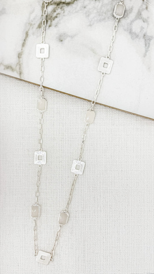 Envy Long Necklace with Silver Squares and White Faceted Glass Detail