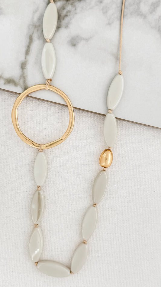 Envy Adjustable Long Cord Necklace with Cream Acrylic Beads and Gold Hoop