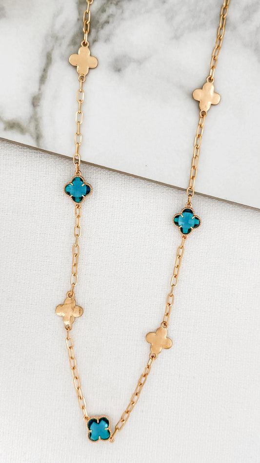 Envy Long Necklace with Gold and Blue Glass Fleurs
