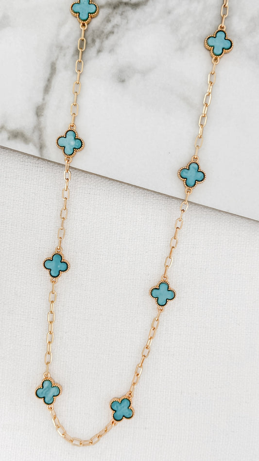Envy Long Gold Necklace with Blue Fleurs
