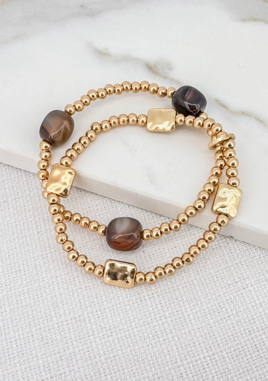 Envy Double Layer Gold Stretch Bracelet with Grey Semi Precious Beads