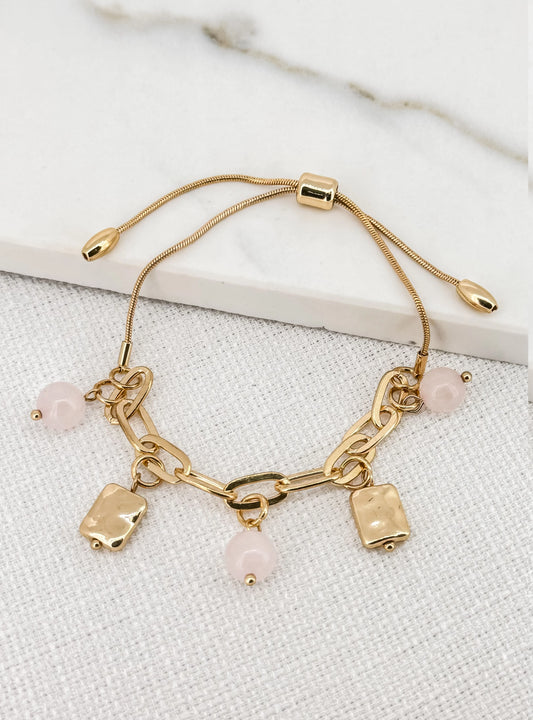 Gold Charm Bracelet with Pink Glass Beads