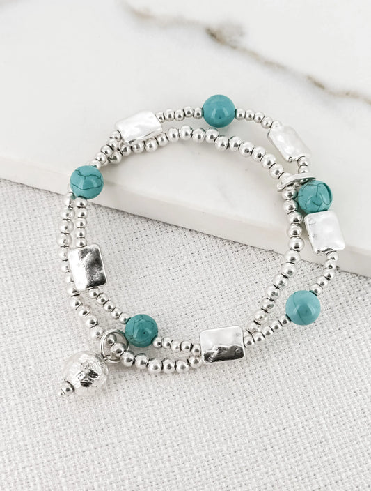 Envy Double layer silver and turquoise bead bracelet with a ball charm