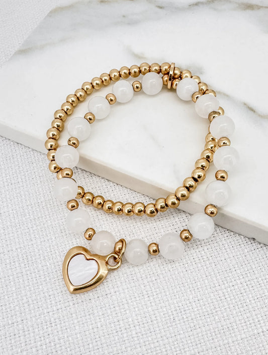 Envy Double Layer Gold and White Bead Stretch Bracelet with Heart Charm