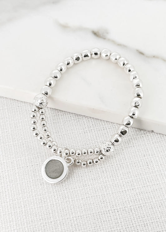 Envy Silver Alloy Bead Bracelet with Pale Grey Circle Charm