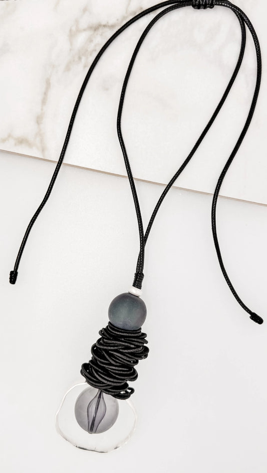 Envy Long Adjustable Cord Necklace with Black Resin Ball and Silver Pendant