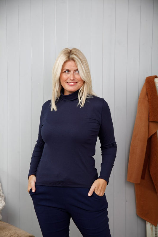 Navy Ribbed Polo Neck Top