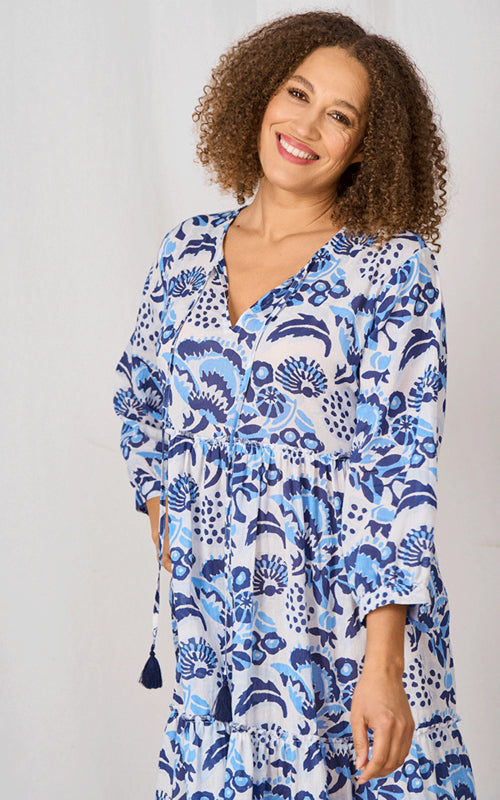 Jambi Cotton Printed Pattern Dress | Blue & White