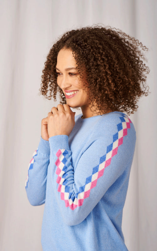Tiffany Cashmere Blend Jumper with Multi Coloured-Diamonds | Baby Blue