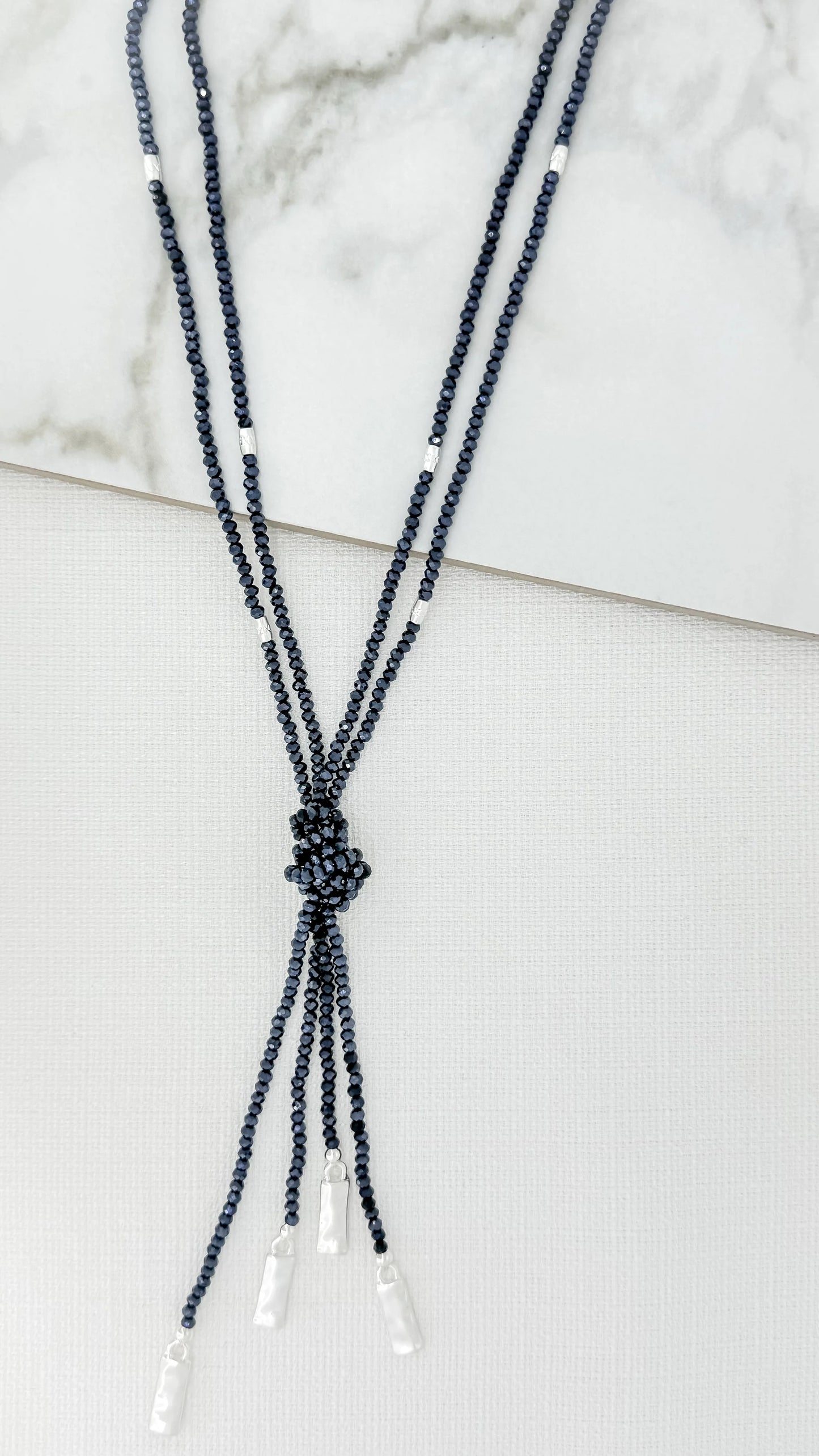 Envy Long Double Layer Blue and Silver Crystal Knot Necklace