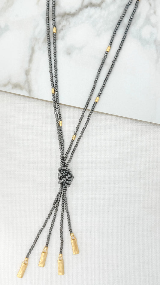 Envy Long Double Layer Grey and Crystal Knot Necklace