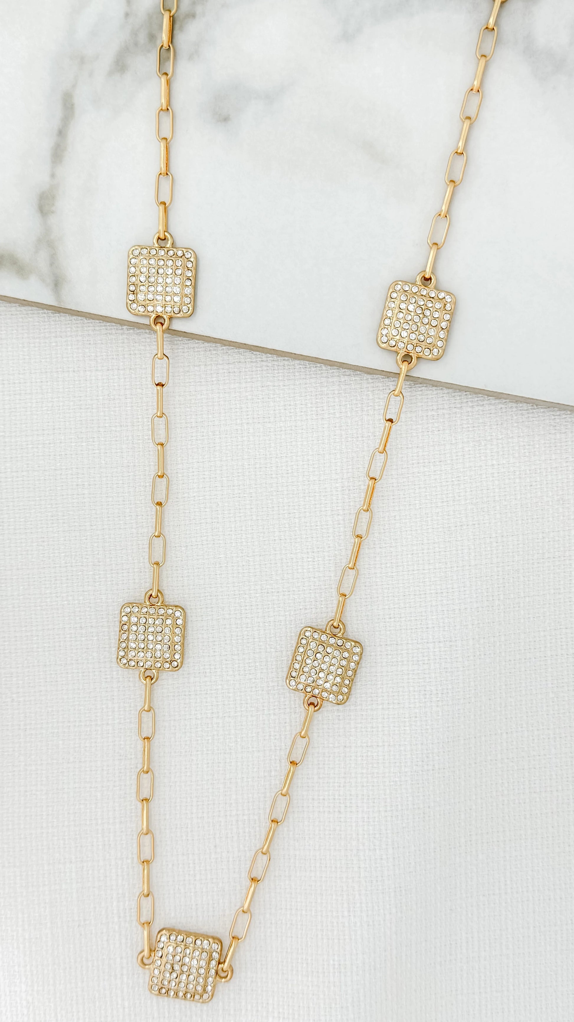 Envy Long Gold Chain Necklace with Diamante Squares Detail