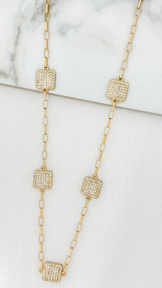 Envy Long Gold Chain Necklace with Diamante Squares Detail