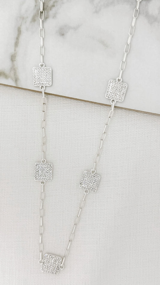 Envy Long Silver Chain Necklace with Diamante Squares Detail