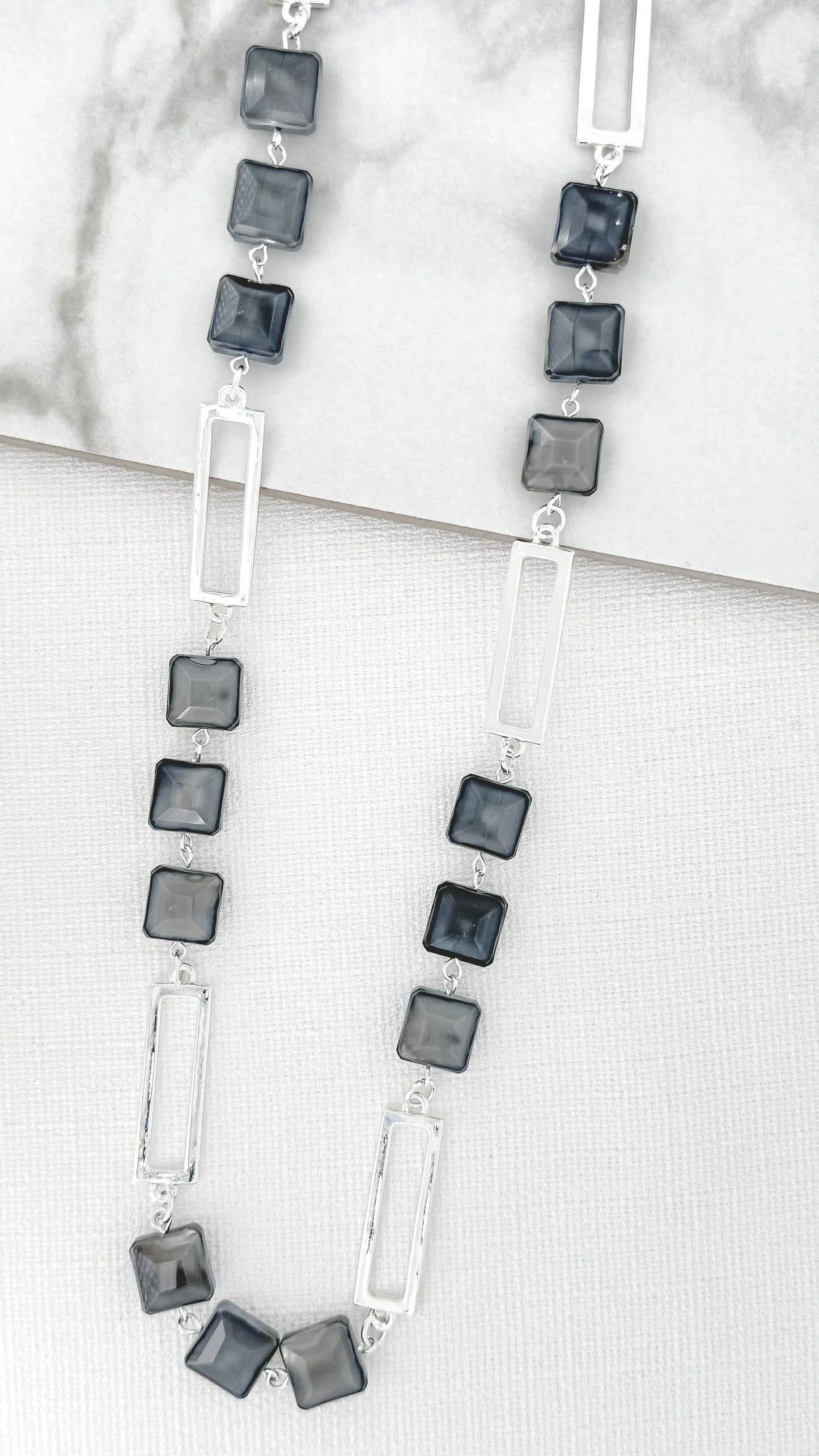 Envy Long Silver Necklace with Oblong Links and Grey Square Glass Pendants