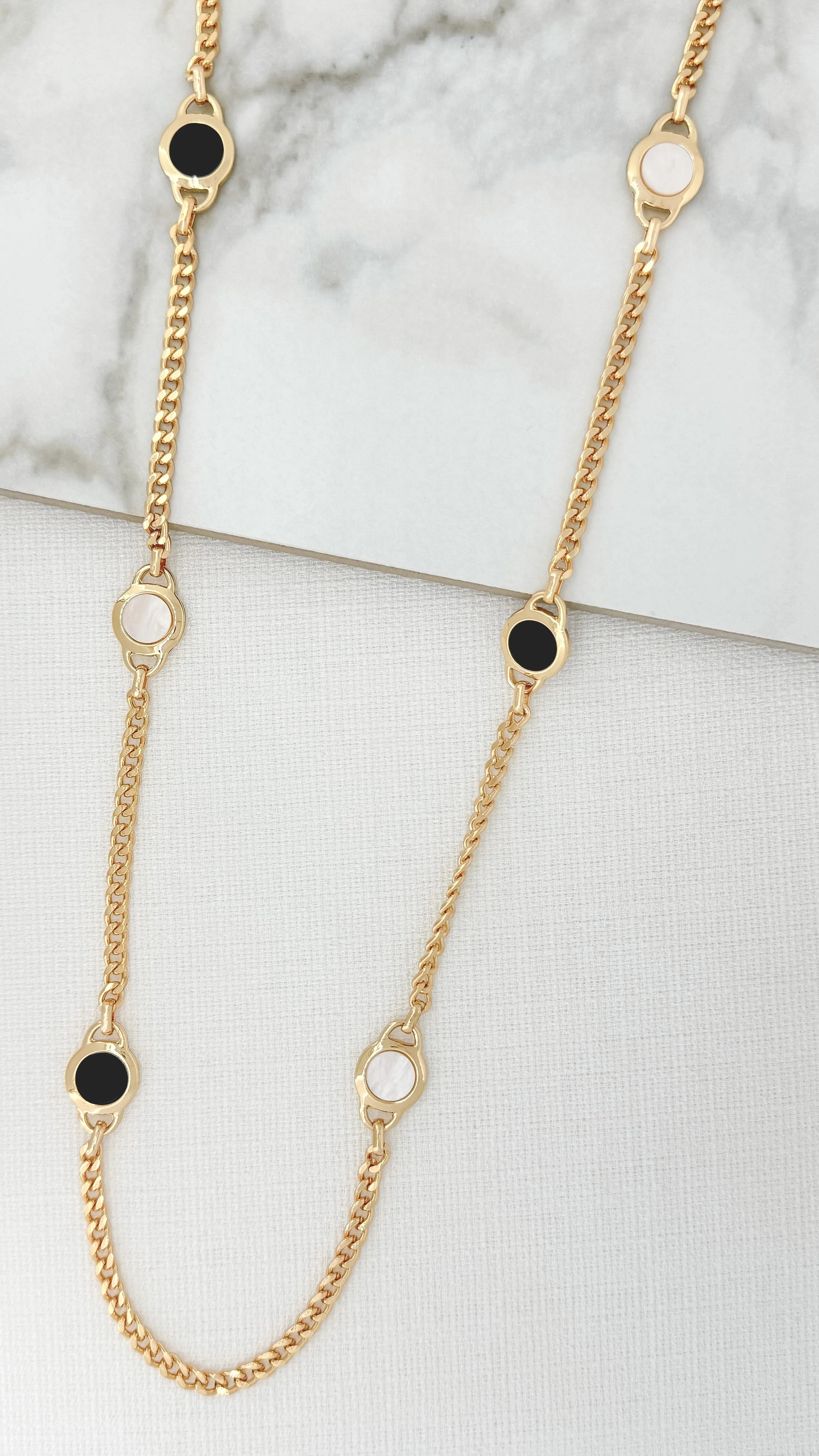 Envy Long Gold Flat Chain with Black and White Round Details