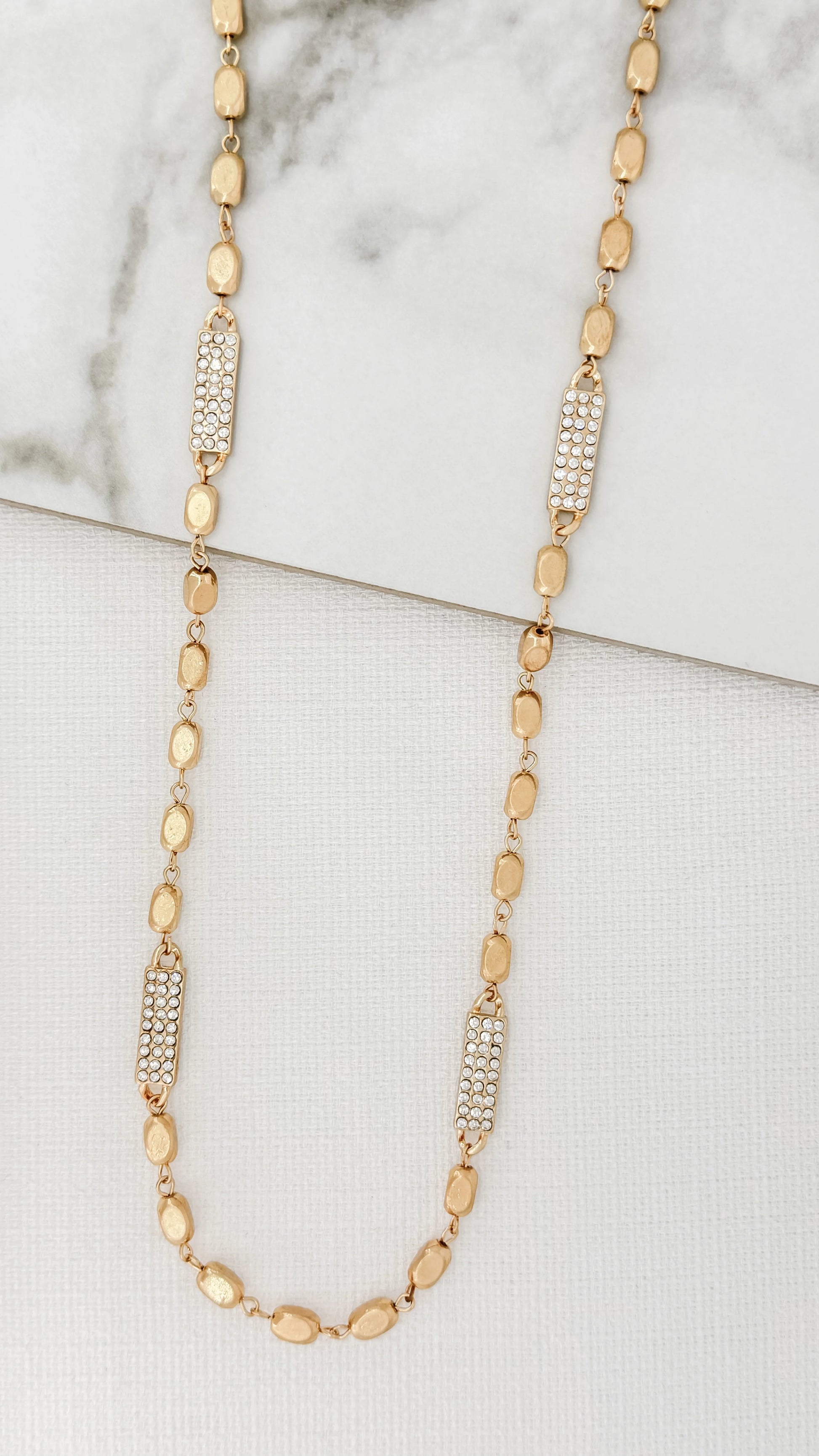 Envy Long Gold Nugget Chain Necklace with Diamante Bar Pendants