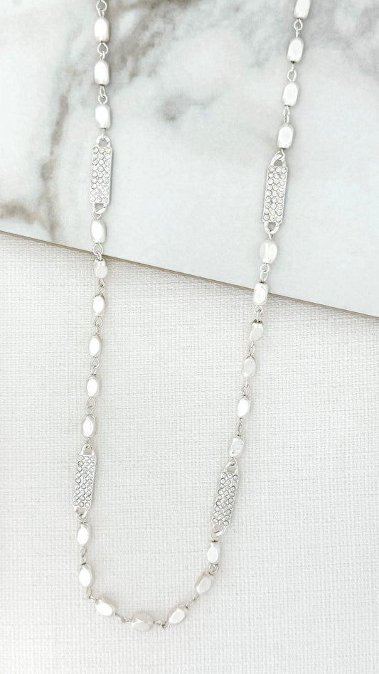 Envy Long Silver Nugget Chain Necklace with Diamante Bar Pendants