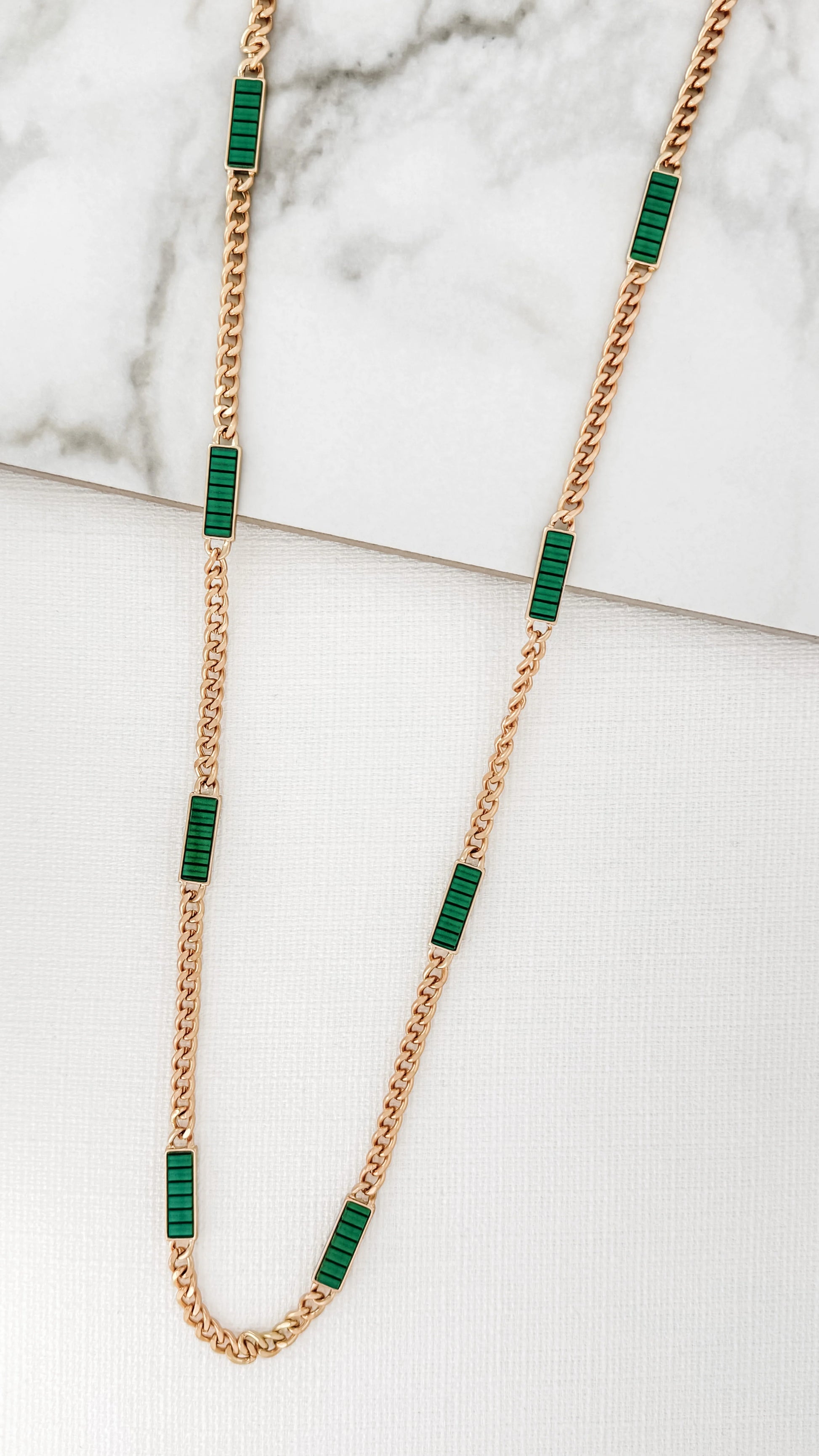 Envy Long Gold Flat Chain Necklace with Oblong Green Pendant Details