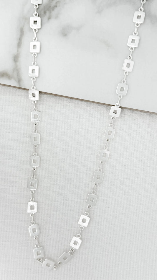 Envy Long Silver Necklace with Small Square Detail Links