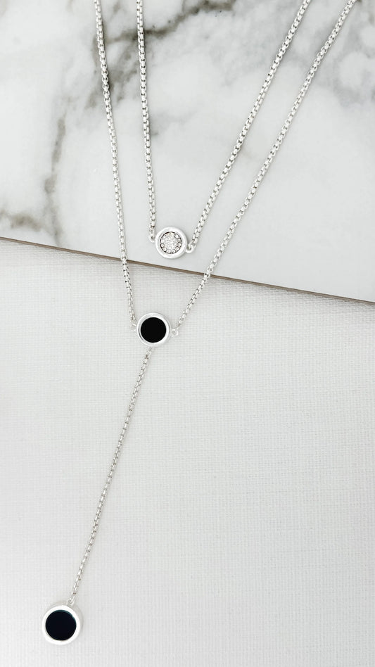 Envy Silver Double Layer Rope Necklace with Black and Diamante Circle Detail