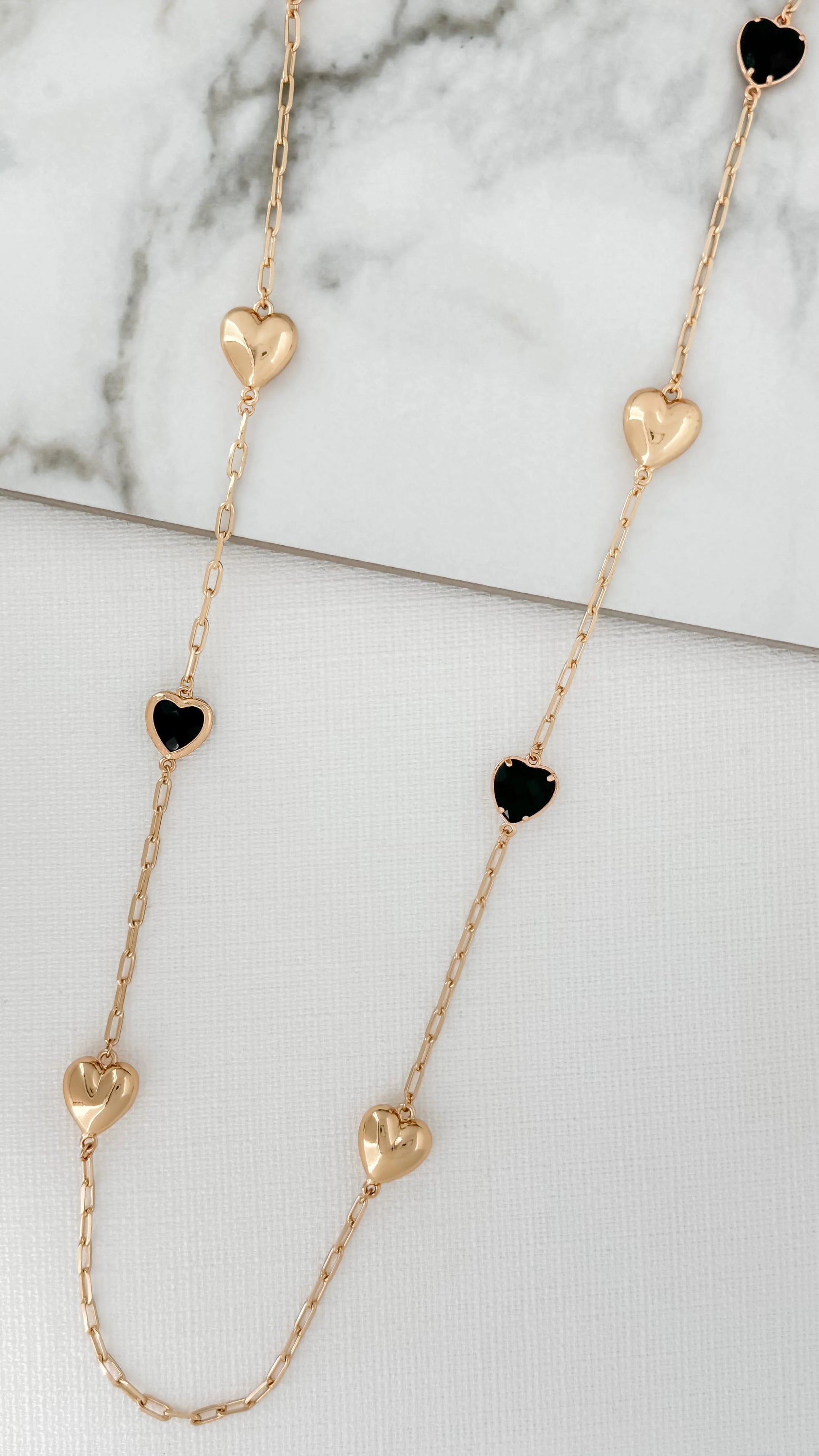 Envy Long Gold and Faceted Black Glass Hearts Necklace