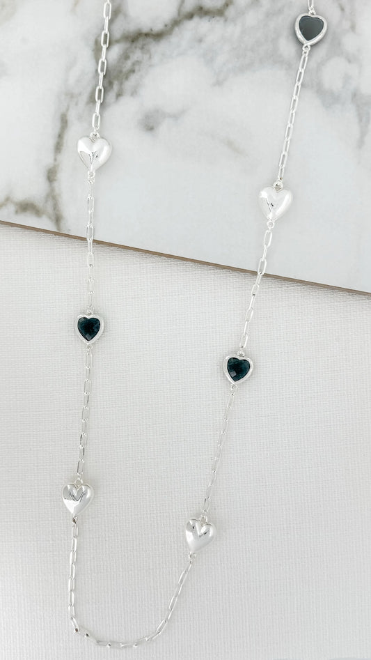 Envy Long Silver and Faceted Grey Glass Hearts Necklace